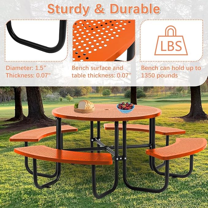 46" Round Metal Picnic Table with Umbrella Hole, Heavy Duty Outdoor Dining Set with Open Air Mesh Top, Stainless Steel Portable Table for Backyard, Patio, Garden - Orange (Orange-Round)