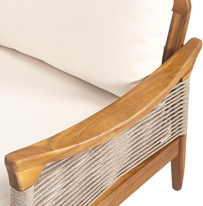 Christopher Knight Home Heidi Acacia Wood 5 Piece Patio Furniture Set 7-Seater Outdoor Loveseat, 3-Seater Sofa, Club Chairs and Coffee Table, Patio Conversation Set With Woven Rope Accents, Teak+Beige