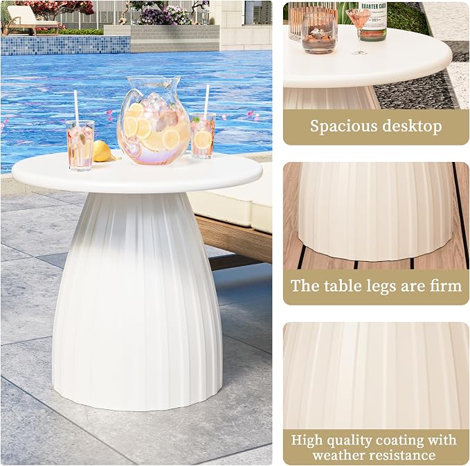 Round Small Patio Side Table, Patio Furniture Accent End Table, Metal Steel Outdoor Side Table, for Garden, Pool, Yard, Balcony, Living Room, Deck, Weather Resistant, No Assembly, Beige White