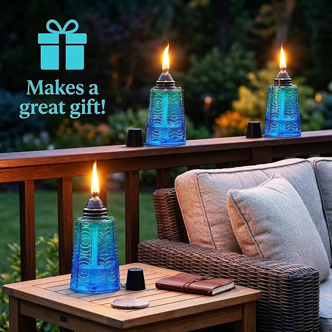 Seraphic Citronella Table Top Torches for Outdoor Patio, 16oz Decorative Glass Torch Citronella Candles for Outside Deck, Garden, Parties, Set of 3, Tropical Blue