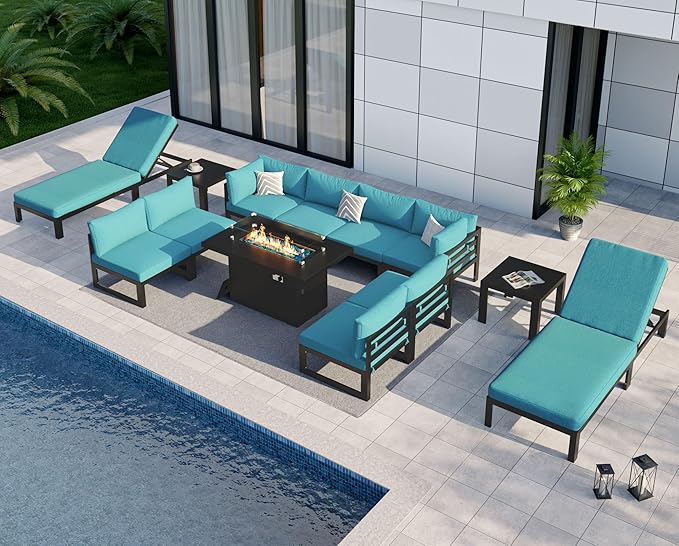 NICESOUL 13 Piece Large Modern Aluminum Patio Furniture Set, Rust Water Resistant Modular Outdoor Conversation Set with Chaise & Fire Pit Table, 500 lbs Durable Modular Sectional Sofa for Deck, Teal