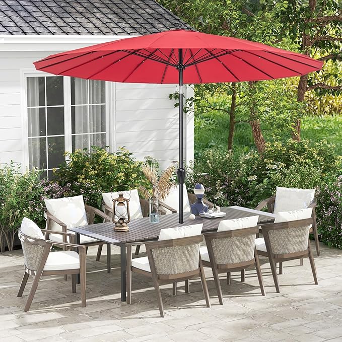 Tangkula 9FT Round Patio Umbrella, Outdoor Market Umbrella with 18 Fiberglass Ribs, Push Button Tilt, Crank, Fade-resistant Canopy & Ventilation, Aluminum Table Umbrella for Backyard, Pool (Wine)