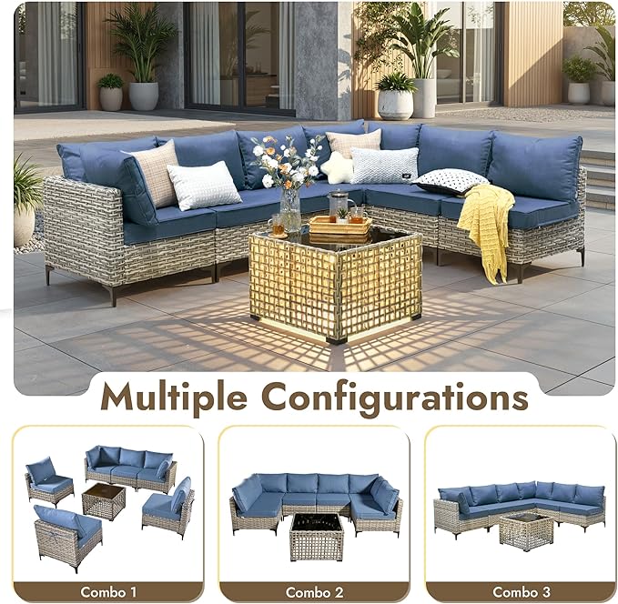 7 Pieces Patio Furniture Set with Solar Light Coffee Table, All-Weather Rattan Outdoor Sectional Conversation Sets L Shaped Sofas with Thick Cushions for Porch Balcony Backyard Denim Blue