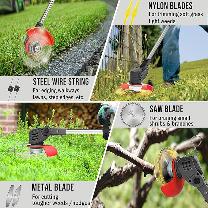 Cordless Weed Wacker, 21V Battery Powered Weed Eater with 2X 2.0Ah Batteries and Charger, Metal Blade Electric Weed Wacke, 3-in-1 Stringless Grass Trimmer Lawn Edger Brush Cutter for Garden Yard