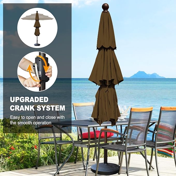 Eurmax USA 10-Year-Non-Fading 10FT 3-Tier Outdoor Patio Market Umbrella,UPF50+ UV Resistant,Heavy Duty Commercial Grade,Crank Lift Design,Windproof Vented Top for Garden,Pool,Deck,Chestnut