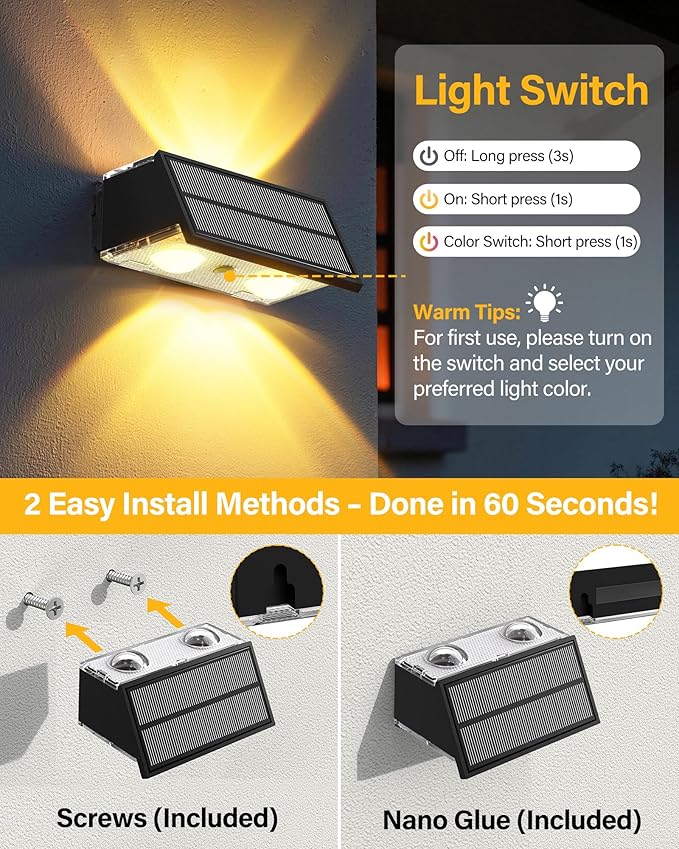 Solar Fence Lights Outdoor, 10 Pack 100LM Fence Lights Solar Powered Waterproof, 9 Color Modes, Up & Down LED Focused Beam, 12H Dusk to Dawn Glow for Pool/Patio/Wall/Backyard - Black