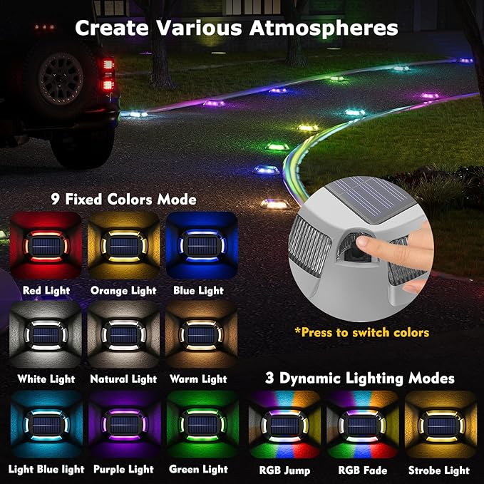 8Pack Aluminum Alloy Solar Driveway Lights, IP68 Solar Deck Light Marine Dock Lights Outdoor Waterproof, Multi-color LED Driveway Markers for Walkway, Path Decor [12Modes - Strobe/RGB/Fix-color]