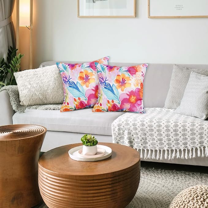TAJWE Outdoor Pillow Covers 18x18 Inch Set of 2 White Floral Waterproof Throw Pillowcases Modern Farmhouse Decorative Square Cushion Cases for Patio Furniture Garden Bench Porch Decor
