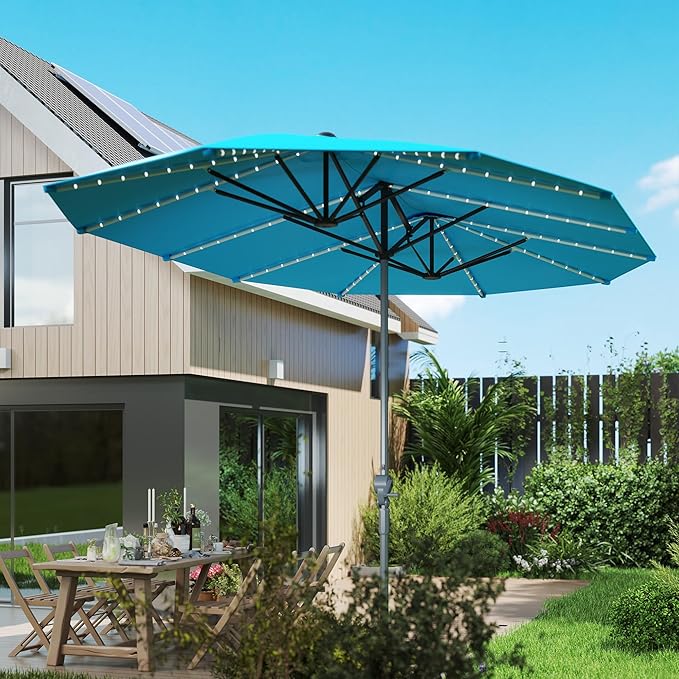 Outsunny 15ft Extra Large Patio Umbrella with Bright Solar Lights, Aluminum UPF50+ Double-Sided Outdoor Table Market Umbrella with Fiberglass Ribs Crank Air Vents for Backyard Deck Pool