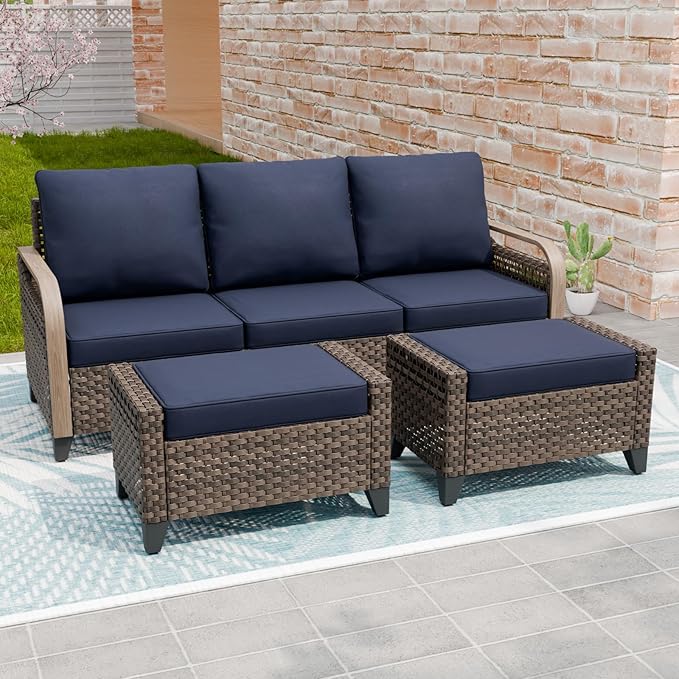 Modern Wicker Patio Furniture Set, Rattan Outdoor Conversation Set with Comfortable Cushions, 3 Seat Couch and 2 Ottomans, 3 Pieces, Brown/Blue