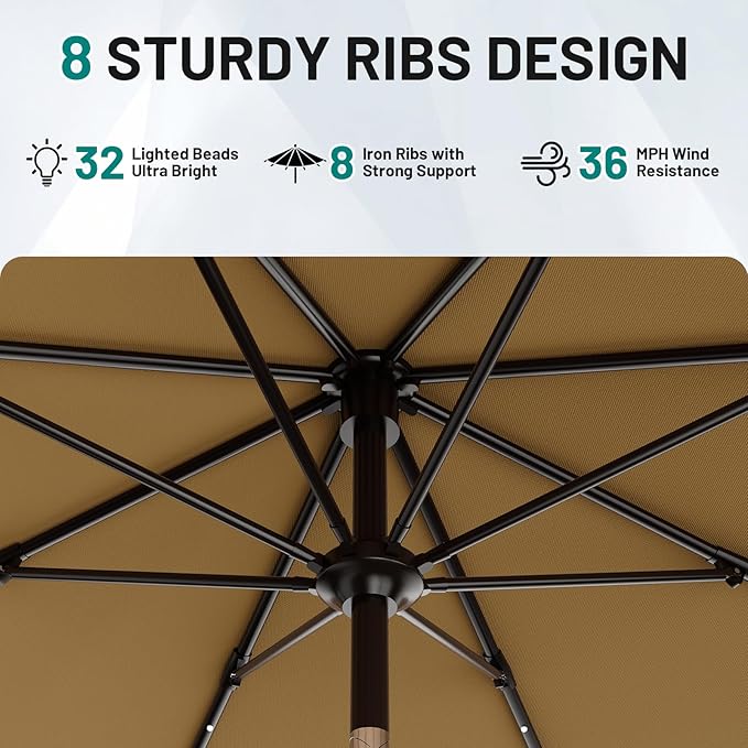 AreShark 9FT Patio Umbrella with Solar Lights, 32 Lighted Pool Umbrella w/Tilt and Crank, Outdoor Market Solar Umbrellas for Garden, Deck, Backyard, Pool and Beach, Khaki