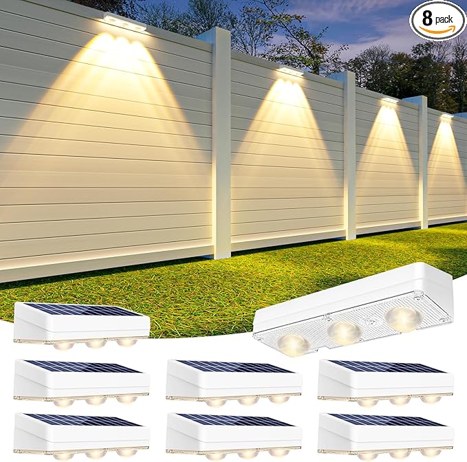 JOFIOS Solar Fence Lights Outdoor,1300mAh, 8pack,Warm/Natural/Cool White,IP65 Waterproof,Fence Lights Solar Powered,Solar Lighting for Deck, Backyard, Railing(White)