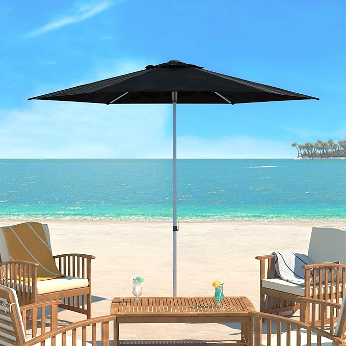 SAFAVIEH 9ft Outdoor Patio Umbrella, Round, Hurst Collection, Black, Push up, UV Resistant for Deck, Backyard, Poolside (PAT8002D)
