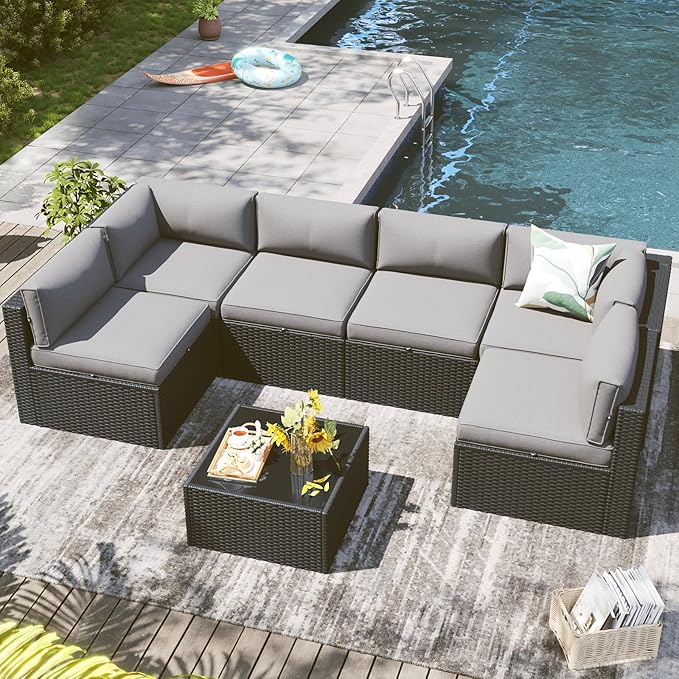 LazySunsets 7 Piece Outdoor Patio Furniture Set with Coffee Table, Outdoor Patio Furniture Sets with Waterproof Cover and 4'' Cushion, Wicker Rattan Outdoor Conversation Set for Backyard, Light Grey
