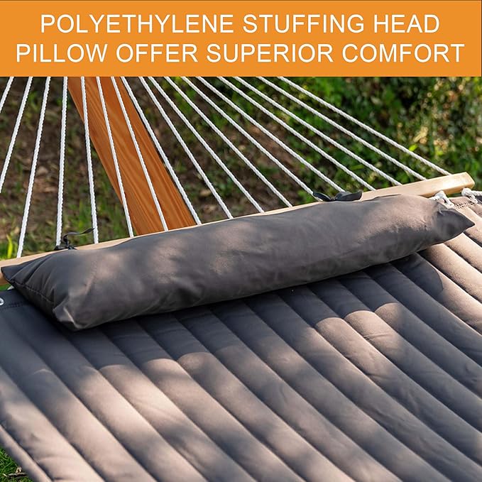 Lazy Daze Hammocks 12 FT Double Quilted Fabric Hammock and 13 FT Brown Wood Arc Stand, with Spreader Bar, Removable Pillow, 2 Person Hammock for Poolside Outdoor Patio, 450 lbs Capacity, Dark Gray