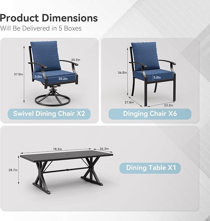ALAULM 9-Piece Patio Dining Set,Outdoor Metal Dining Set with 2 Swivel Chairs & Rectangle Table with 1.5 Umbrella Hole, Patio Dining Table and Chairs for Backyard,Navy