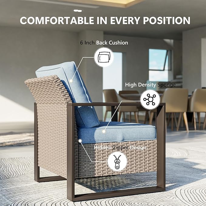 Outdoor Patio Furniture Set, 5 Piece Wicker Patio Conversation with Deep Seating, Thicken Cushions, Outdoor Club Chair, Metal Outdoor Furniture for Deck, Porch, Yard Use (Azure, 5 PCS/Chairs)