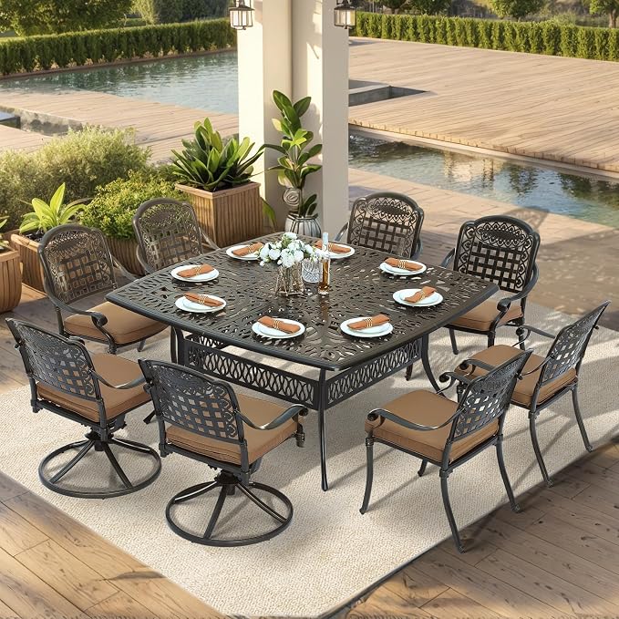 VIVIJASON 9-Piece Outdoor Dining Set, Cast Aluminum Patio Table & Chair Furniture Set for 8, Include Large 64" Square Dining Table, 2 Swivel Rocker Chairs, 6 Stationary Chairs, Umbrella Hole, Khaki