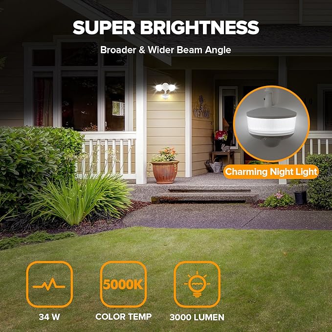 LUTEC 34W 3000 Lumen Motion Sensor Outdoor Lights, 5000K Daylight, IP65 Waterproof Flood Lights Outdoor with Night Light, Dusk to Dawn Motion Detector LED Security Light for Outside Garage, Yard-White