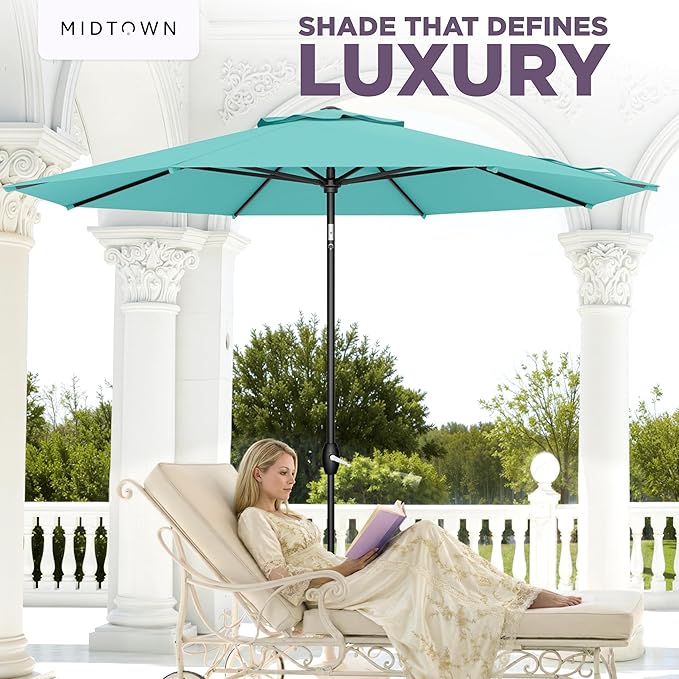 Midtown Umbrellas - The Lean 10 Ft Patio Umbrella with Fade-Resistant Sunbrella Fabric, Auto-Tilt Aluminum Frame and 8 Reinforced Ribs for Deck, Pool & Garden - Canvas Glacier Canopy, Black Pole