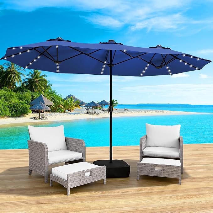 LEVELEVE 15FT Large Patio Patio Umbrella with Base & Solar LED Lights - Double-Sided,Blue