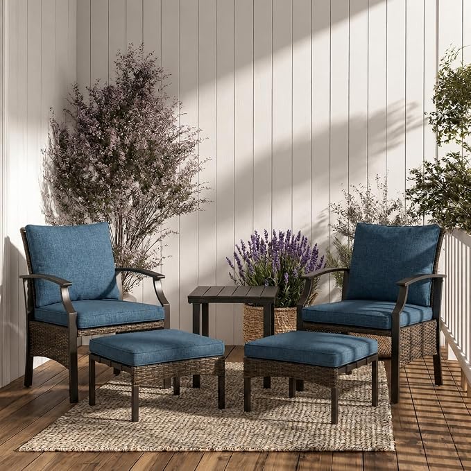 Grand patio 5-Piece Outdoor Furniture Sets Wicker Outdoor Patio Chairs with Olefin Cushions Ottomans and Coffee Table for Balcony Backyard Garden Poolside-Peacock Blue