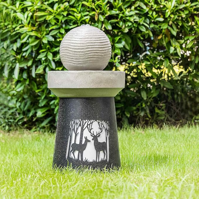 Outdoor Water Fountain with LED Lights, 32" Garden Fountain with Sphere Ball & Deer Silhouette, Textured Stone Finish Patio Fountain with Pump for Yard Deck Backyard Decor, White+Gray