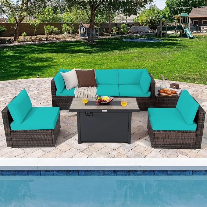 Tangkula 7 Piece Patio Furniture Set with Fire Pit Table, Includes 42 Inches 60,000 BTU Propane Rectangle Fire Pit Table and Protective Cover, Outdoor Cushioned Sectional Sofa Set for 5 (Turquoise)