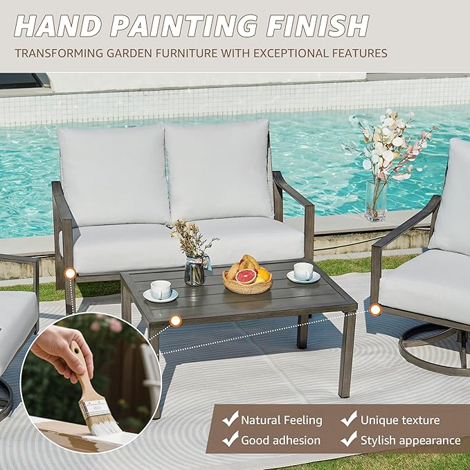NATURAL EXPRESSIONS 4 Pieces Patio Furniture Sets,Modern Metal Outdoor Conversation Sets with All Weather Hand-Woven Rope Chairs,High Back Frame,Metal Table, 6" Thick Olefin Cushions for Yard,Garden