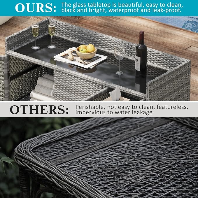 RuiSiSi Wicker Bar Table with Drawer & Adjustable Shelf for Outdoor, Rattan Buffet Cabinet Sideboard with Tempered Glass Desktop, Patio Rattan Bar Table with 3 Doors, Grey