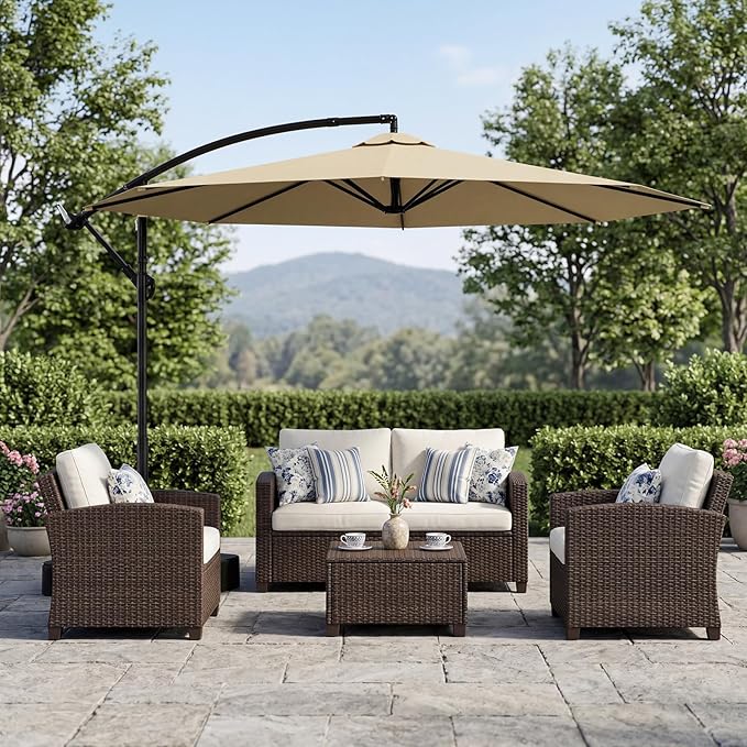 10FT Patio Umbrella with Base, Outdoor Umbrella Pool Umbrella Cantilever Umbrells - UV Protection, Easy Tilt & 360° Rotation for Poolside, Backyard & Garden