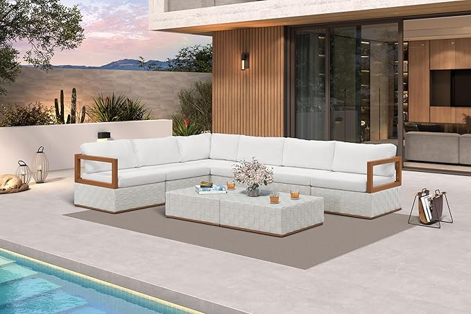 PURPLE LEAF Patio Conversation Sets 8 Pieces, Premium Leather Outdoor Couch Sectional Sofa, L-Shaped Patio Outdoor Furniture Set with Olefin Cushions, Patio Couch for Porch, Balcony, Garden, White