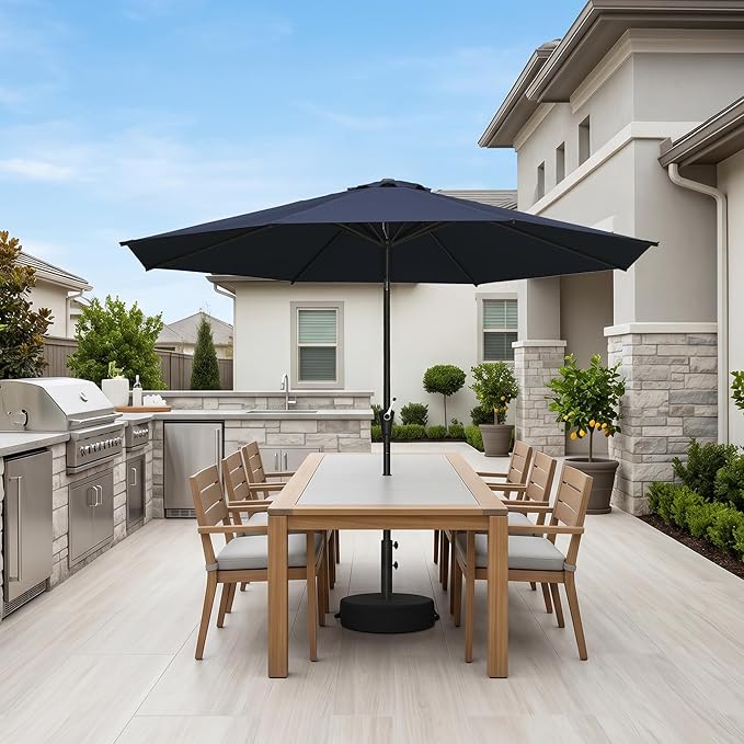 PURPLE LEAF 9' Round Patio Umbrella Outdoor Table Umbrella Aluminum Frame Market Umbrella with 8 Sturdy Ribs & Tilt for Garden Deck Lawn Pool Navy Blue