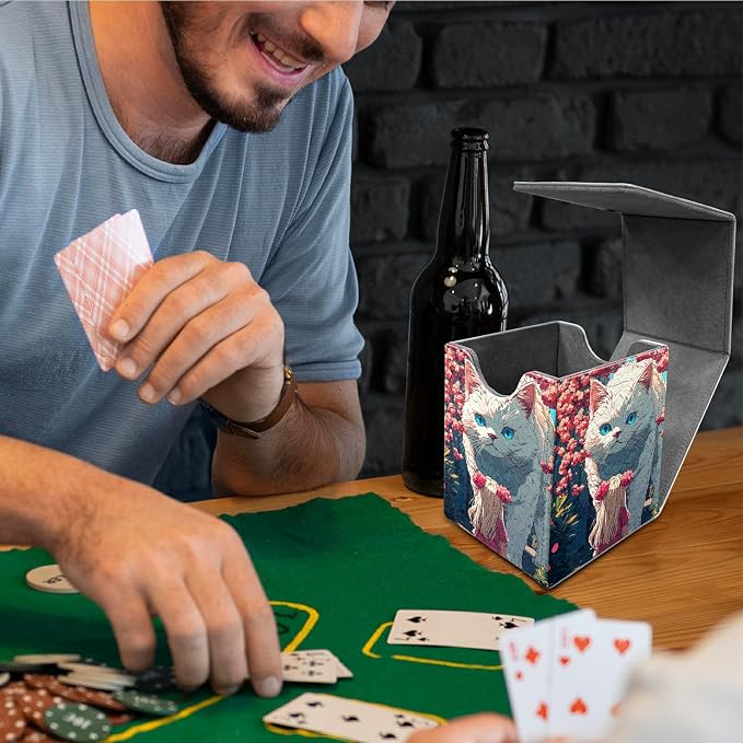 Big Cat Girl Card Deck Box for MTG, Personalized Card Storage Case Fits 120+ Sleeved Cards, Premium Leather TCG Box with Strong Magnetic Closure for Magic, CCG, PTCG, Baseball Cards