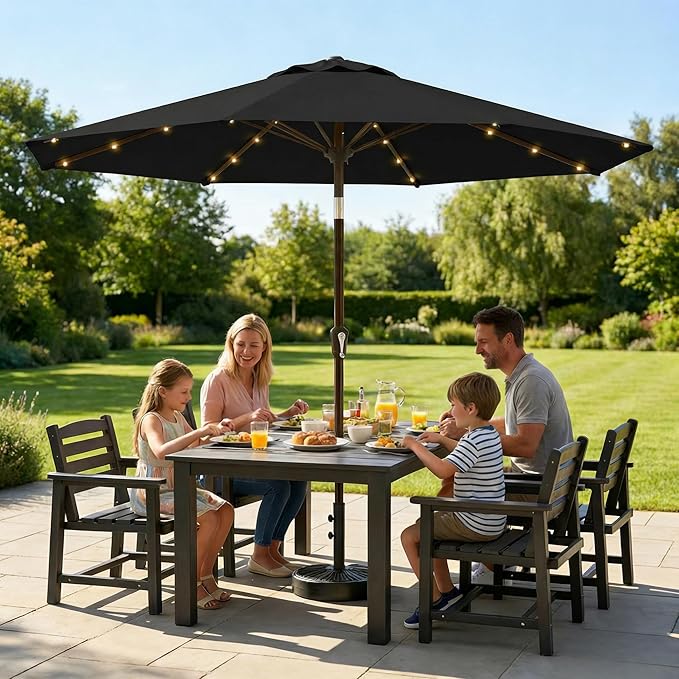 10FT Solar Lighted Patio Umbrella, Outdoor Table Market Umbrellas with Push Button Tilt and Crank, 32 LED Lights, 8 Sturdy Ribs, UV-Resistant for Deck, Garden, Pool