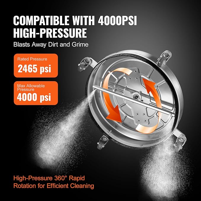 VEVOR 24" Pressure Washer Surface Cleaner w/Handles & Wheels, Stainless Steel Concrete Cleaner 4000 Max PSI, 3/8" Connector & 1/4" Adapter Power Washer Floor Attachment,for Floor Driveway, Patio