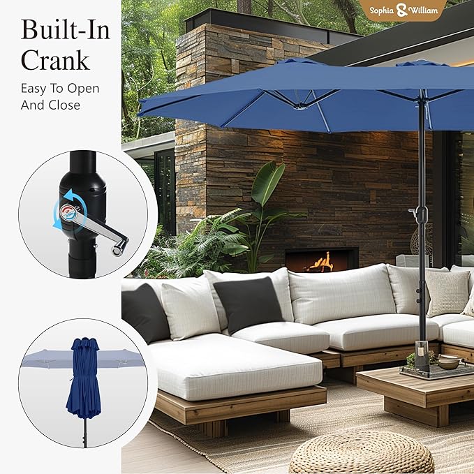 Sophia & William 15 ft Extra Large Patio Umbrella with Base Included, Rectangular Outdoor Umbrella Heavy Duty, Market Umbrella Double-sided Fade Resistant for Pool Garden Backyard, Haze Blue
