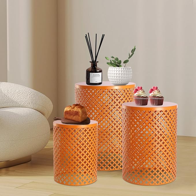 Set of 3 Outdoor Side Table, Garden Stool for Patio, Metal Accent Table Modern End Table, Patio Side Table for Garden, Balcony, Bedroom Indoor Outdoor Decorative, Terracotta Orange