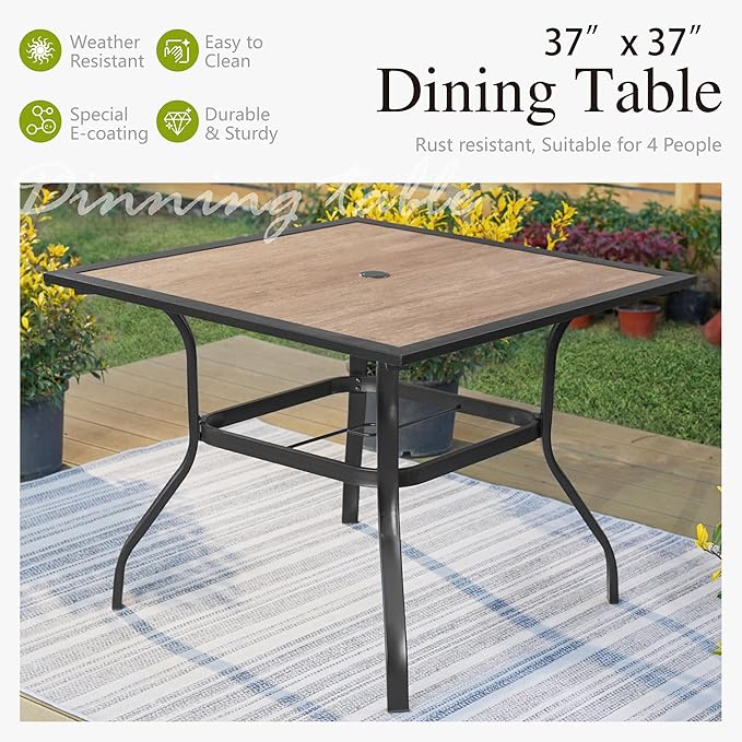 Sophia & William Metal Patio Outdoor Table and Chairs 5 Piece Dining Set - 37" Square Imitation Wood Table and 4 Backyard Garden Chairs, Table with 1.57" Umbrella Hole