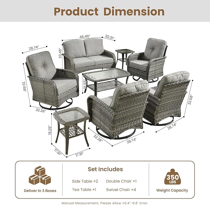 8 Pieces Outdoor Patio Furniture Set with Coffee Table, All Weather Wicker Patio Conversation Sets with Rocking Chairs, Balcony Furniture Sets for Backyard, Garden, Poolside, Dark Grey