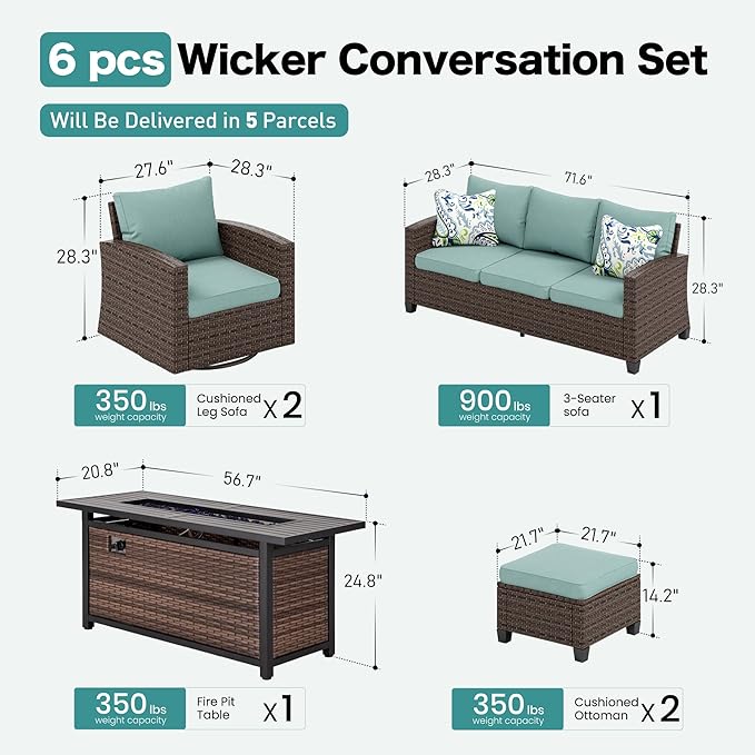 Swivel Glider Patio Furniture Set Outdoor Furniture Brown Wicker Rattan Patio Conversation Sets with Cushion Outside Sofa Set,5 Pieces with Rectangular Firepit Table,7 Seats,Blue