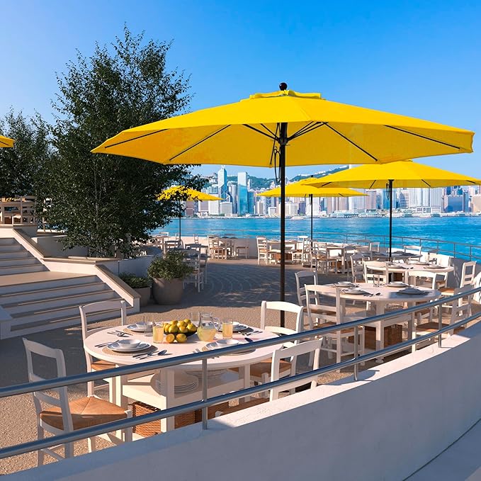 California Umbrella 11Ft Commercial Grade Sunbrella Fabric Market Umbrella, Pulley Lift, Aluminum/Fiberglass, 2mm pole wall, Bronze Frame, Sunflower Yellow Fabric