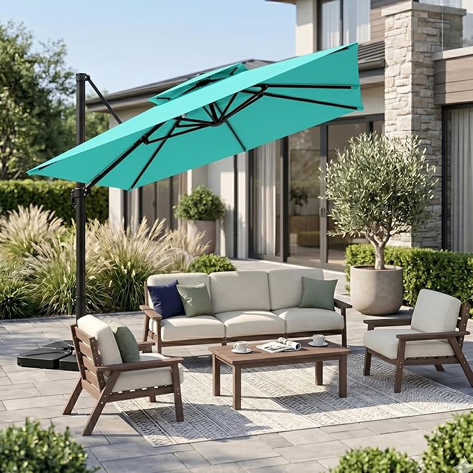 Kingdura Cantilever Patio Umbrella with Double Top Vent, Large Square Aluminum Outdoor Offset Umbrella with 360-degree Rotation, Infinite Tilt, UV Protection for Pool Deck Garden Patio