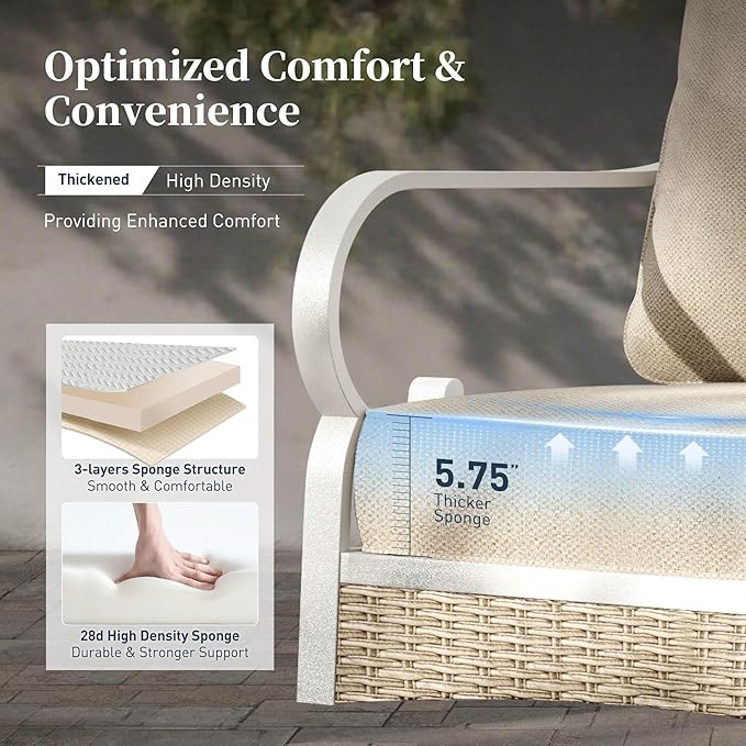 4 Piece Metal Outdoor Patio Furniture Sets, Patio Conversation Sets 1 2-Seater Sofa, 2 Single Sofa with 5.75" Thick Cushion and Coffee Table, White Frame Backyard Furniture, Beige