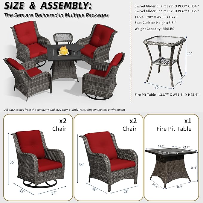 6 Pcs Patio Furniture Set with Fire Table-31'' Fire Pit Table, 1 Side Table, 4 Outdoor Rattan Wicker Conversation Chairs (2 Fixed & 2 Swivel) （Red）