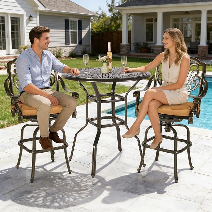 MEETWARM Patio Height Bar Table, 35.4" Bar Height Bistro Table, Outdoor Cast Aluminum Bistro Round High Top Dining Table with 2" Umbrella Hole for Garden Deck Backyard, Dark Bronze