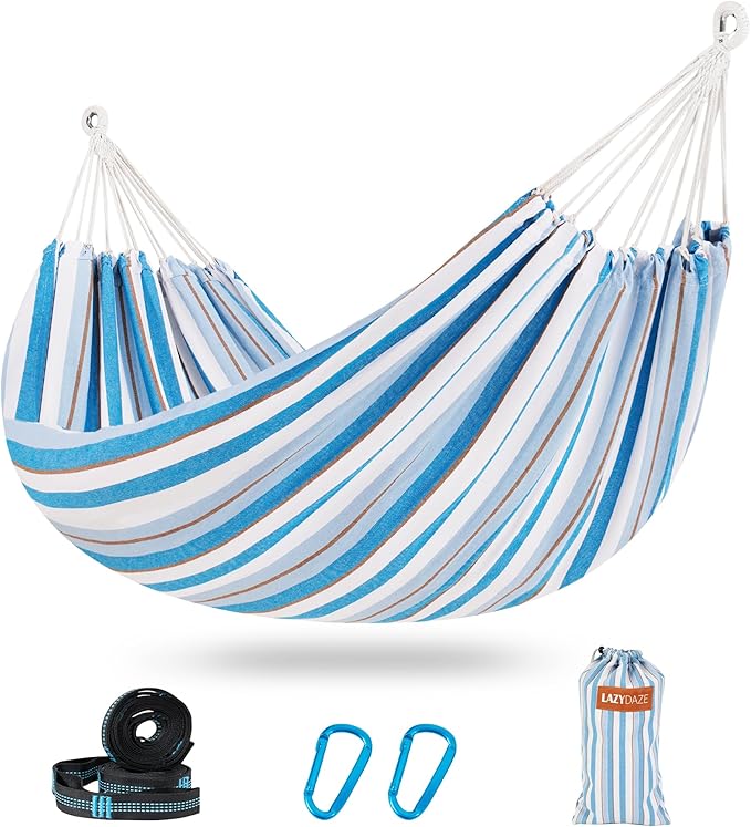 Lazy Daze Hammocks Extra Large Double Hammock, Portable Camping Hammock with Travel Bag & Tree Straps for Outdoor, Camping, Backyard, Patio, 550lbs Capacity, Blue & Light Gray