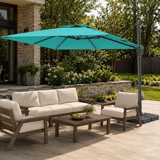 10FT Cantilever Patio Umbrella with Solar Lights, Large Outdoor 2 Tier Aluminum Offset Square Umbrellas 360 Degree Rotation for Garden Deck Pool