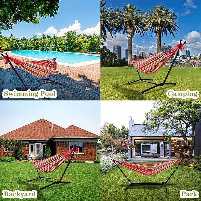 Hammock with Stand, 1-2 Person Heavy Duty Hammock with Carrying Bag, Polyester Outdoor Hammocks for Outside Backyard, Camping, Garden, Yard, Patio, 250 lbs Weight Capacity (Red Stripes)
