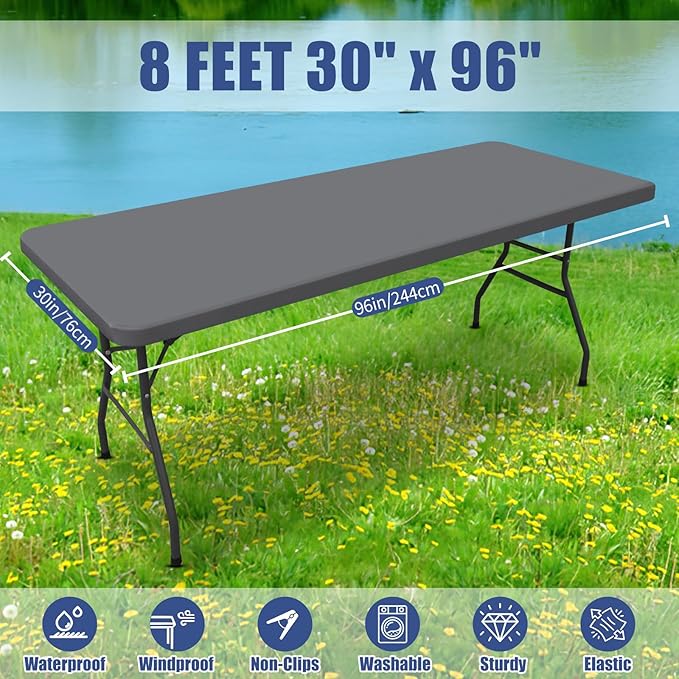 Moosfor Spandex 8 Foot Rectangle Table Cloth 2 Pack, Elastic Fitted Tablecloths for Picnic, Stretch Washable Patio Table Cover for Outdoor, Camping, Banquet and Parties (Grey, 30"x96")